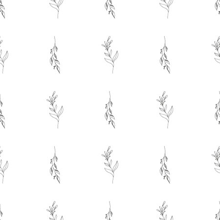 Doodle simple vector seamless pattern of hand-drawn leaves. Seamless pattern of hand-drawn branches. Big floral botanical set. isolated on white backgroundのイラスト素材