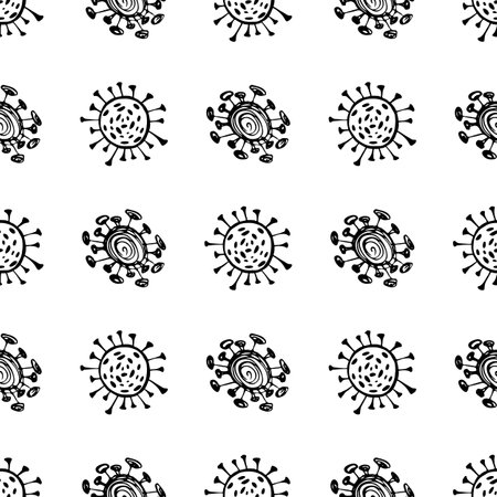 Seamless pattern of coronavirus microbes. Coronavirus 2019-nCoV. Doodle simple line elements from a medical concept. Editable vector stroke microbe. virus, bacteria. hand drawn illustrationのイラスト素材