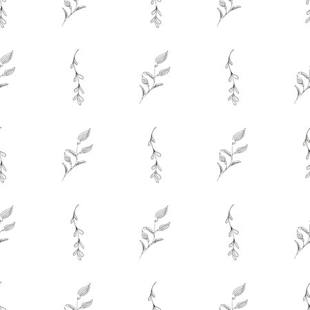 Doodle simple vector seamless pattern of hand-drawn leaves. Seamless pattern of hand-drawn branches. Big floral botanical set. isolated on white backgroundのイラスト素材