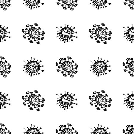 Seamless pattern of coronavirus microbes. Coronavirus 2019-nCoV. Doodle simple line elements from a medical concept. Editable vector stroke microbe. virus, bacteria. hand drawn illustrationのイラスト素材