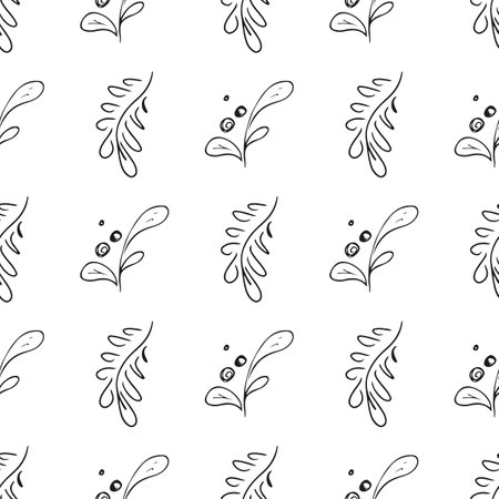 Doodle simple vector seamless pattern of hand-drawn leaves. Seamless pattern of hand-drawn branches. Big floral botanical set. isolated on white backgroundのイラスト素材