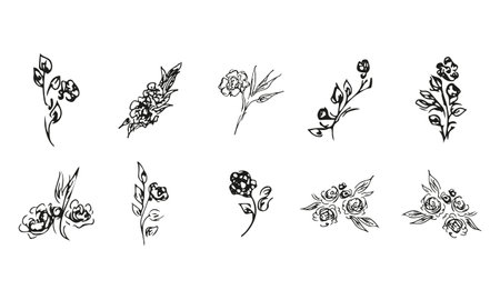 Doodle simple vector collection of 10 hand-drawn roses. Big collection of 10 hand-drawn roses. Big floral botanical set. isolated on white backgroundのイラスト素材