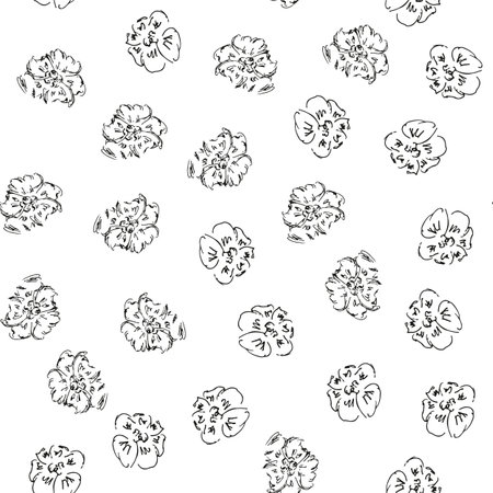 Doodle simple vector seamless pattern of hand-drawn roses. Seamless random pattern of hand-drawn flowers. isolated on white backgroundのイラスト素材
