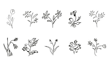 10 hand-drawn blossom wildflowers. Big collection of 10 hand-drawn roses. Big floral botanical set. isolated on white background. Doodle simple vector collectionのイラスト素材