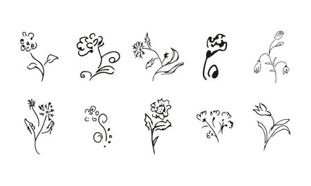 10 hand-drawn blossom wildflowers. Big collection of 10 hand-drawn roses. Big floral botanical set. isolated on white background. Doodle simple vector collectionのイラスト素材