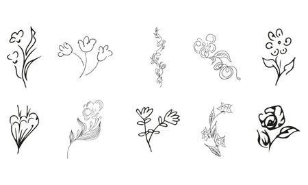 10 hand-drawn blossom wildflowers. Big collection of 10 hand-drawn roses. Big floral botanical set. isolated on white background. Doodle simple vector collectionのイラスト素材