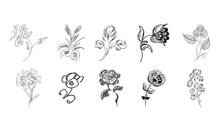 10 hand-drawn blossom wildflowers. Big collection of 10 hand-drawn roses. Big floral botanical set. isolated on white background. Doodle simple vector collectionのイラスト素材
