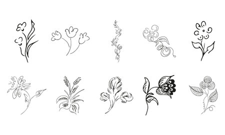 10 hand-drawn blossom wildflowers. Big collection of 10 hand-drawn roses. Big floral botanical set. isolated on white background. Doodle simple vector collectionのイラスト素材
