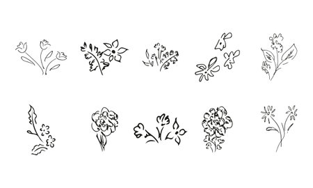 10 hand-drawn blossom wildflowers. Big collection of 10 hand-drawn roses. Big floral botanical set. isolated on white background. Doodle simple vector collectionのイラスト素材
