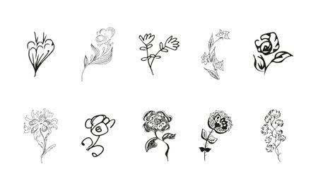 10 hand-drawn blossom wildflowers. Big collection of 10 hand-drawn roses. Big floral botanical set. isolated on white background. Doodle simple vector collectionのイラスト素材