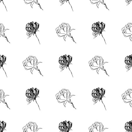 Doodle simple vector seamless pattern of hand-drawn peonies. Seamless random pattern of hand-drawn peonies. isolated on white backgroundのイラスト素材