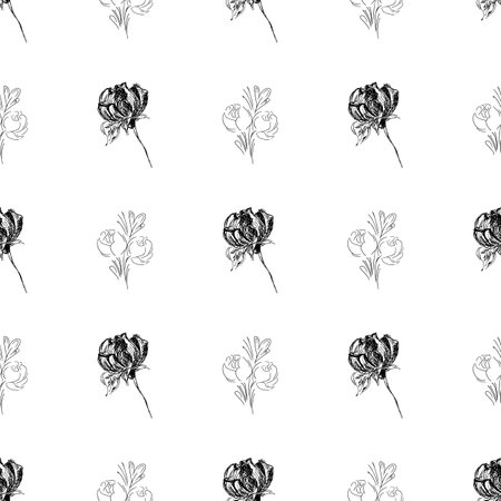 Doodle simple vector seamless pattern of hand-drawn peonies. Seamless random pattern of hand-drawn peonies. isolated on white backgroundのイラスト素材