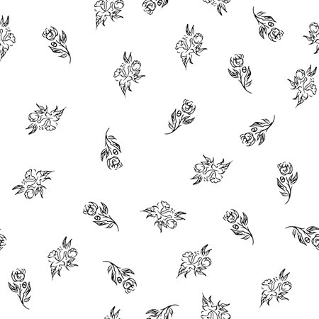 Doodle simple vector seamless pattern of hand-drawn peonies. Seamless random pattern of hand-drawn peonies. isolated on white backgroundのイラスト素材