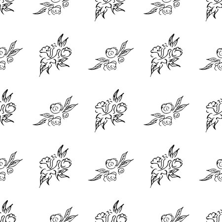 Doodle simple vector seamless pattern of hand-drawn peonies. Seamless random pattern of hand-drawn peonies. isolated on white backgroundのイラスト素材