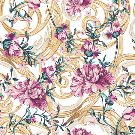 decorative flowers with barocco pattern on a white backgroundのイラスト素材