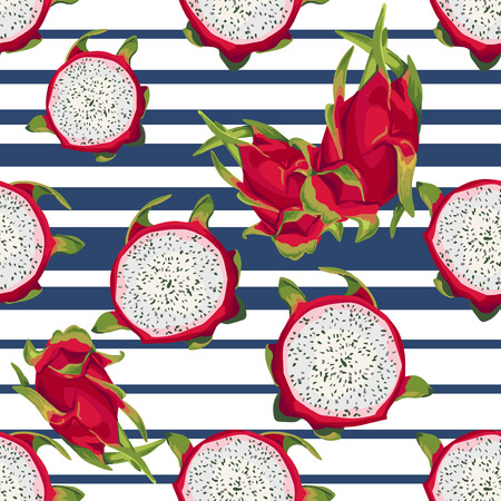 Seamless pattern of Dragon fruite on a blue srtipe.のイラスト素材