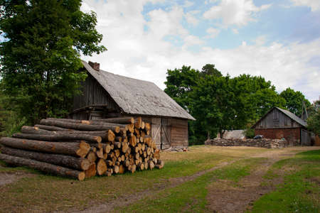 rural landscape with barn,pile of logs and roadの写真素材
