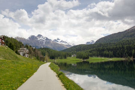 Lake St  Moritz , Switzerland  path along the lake shoreの写真素材