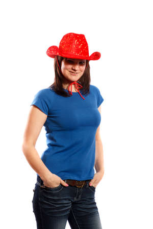 a woman in a red cowboy hat on white backgroundの写真素材
