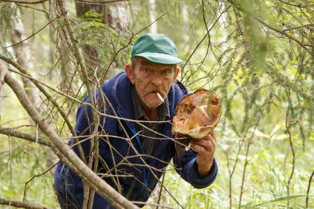 An old man with a boletus in his hands and a smoke in his mouthの写真素材