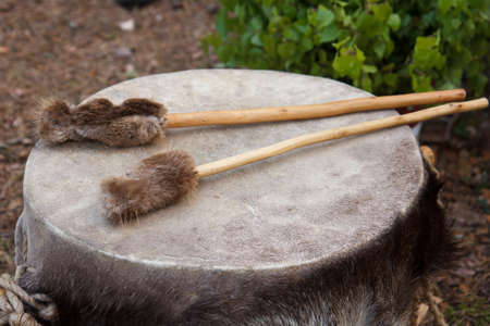 A set of traditional leather drums outdoorsの写真素材