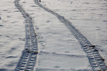 Tyre tracks in the snowの写真素材