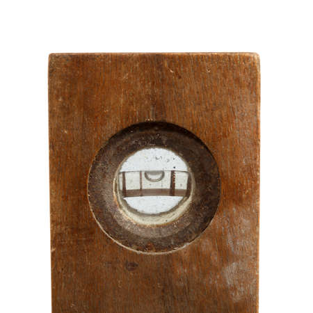 Old vintage wood ruler level meter on the white background