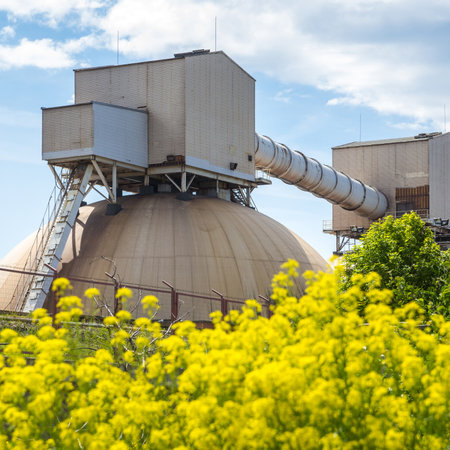 Industrial building. Fertilizer transshipment terminal in port with yellow flowers in frontの写真素材