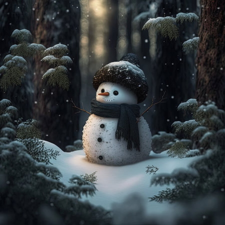 Cute snowman with black hat in snowy forest created with Generative AI technology.の素材