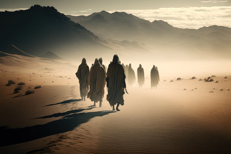 Group of people in robes walking in the desert created with Generative AI technology.の素材