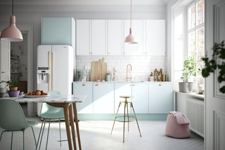 Bright, clean modern kitchen interior created with Generative AI technology.の素材