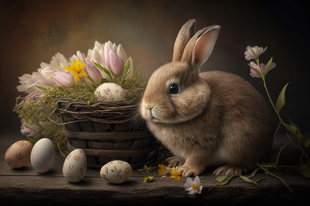 Easter theme. Easter bunny with colorful eggs created with Generative AI technology.の素材