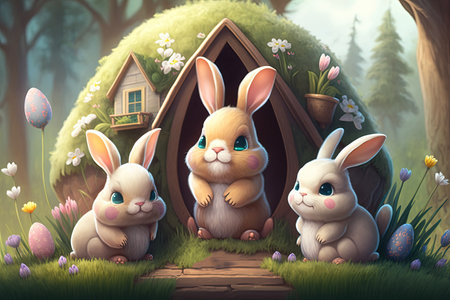 Cute rabbit family created with Generative AI technology.の素材