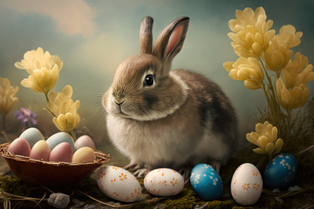 Easter theme. Easter bunny with colorful eggs created with Generative AI technology.の素材