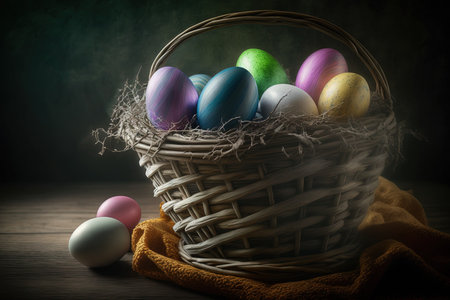 Colorful Easter eggs in wicker basket created with Generative AI technology.の素材