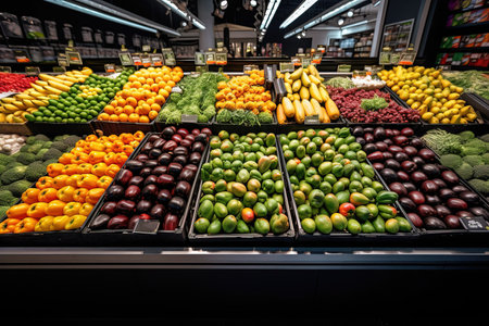 Fresh fruit on the shelves of a modern supermarket created with Generative AI technology.の素材