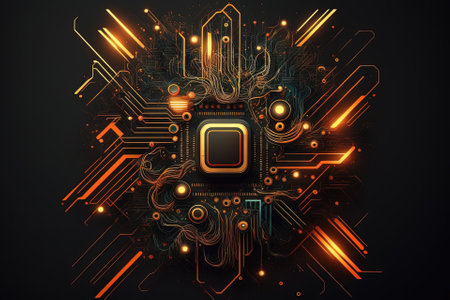 Abstract circuit with processor and some lights created with Generative AI technology.の素材