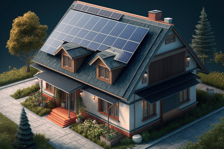 New houses with solar panels on the roof created with Generative AI technology.の素材