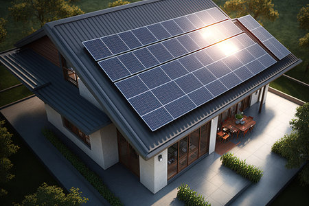 New houses with solar panels on the roof created with Generative AI technology.の素材