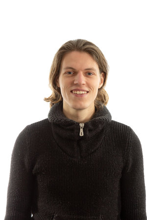 Young man with long hair on white backgroundの写真素材