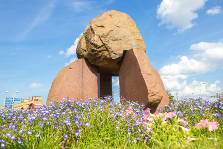Ventspils, Latvia - August 21 2020: Jurakmens Memorial stone devoted to the deepening of Ventspils free port channel. The stone was lifted from 17 m. depth. Sculptor P.Jaunzems. Architect J.Poga. Placed in 1998.のeditorial素材