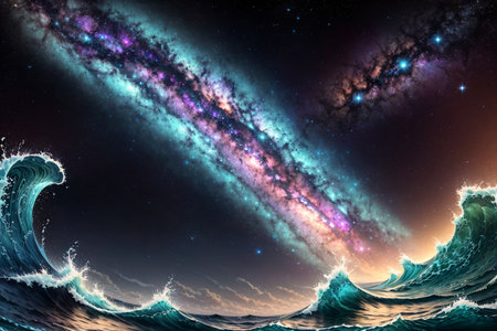 Surreal art. Ocean wave with stars and nebula. 3D renderingの素材