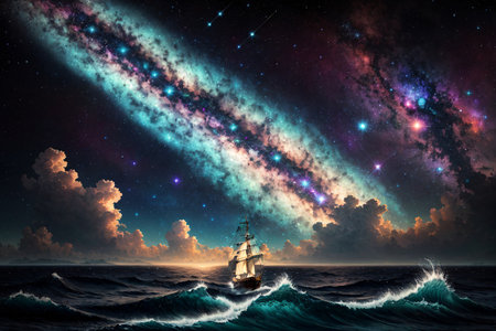 Sailing ship in the sea with starry sky. 3D renderingの素材