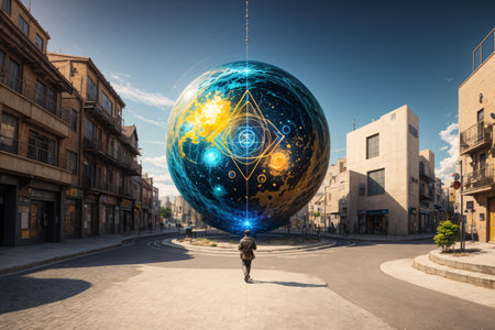 Futuristic 3D rendering of a man standing on a street with a glowing globe.の素材