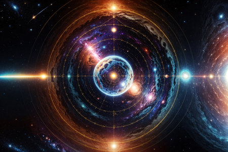 Abstract space background with planets and stars, computer generated abstract background, 3D renderingの素材