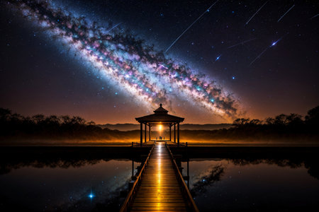 Milky Way over pavilion at the lake with starry skyの素材