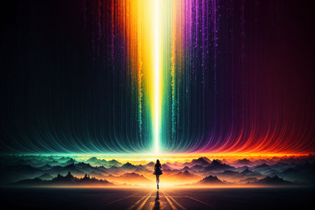 Conceptual image of human silhouette standing in front of colorful lightsの素材