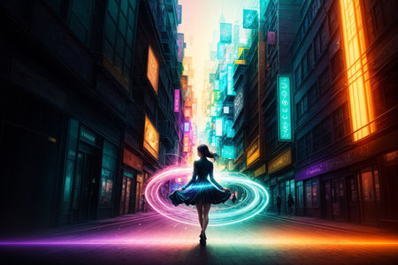 Young woman in ballet tutu dress dancing in lights of night cityの素材