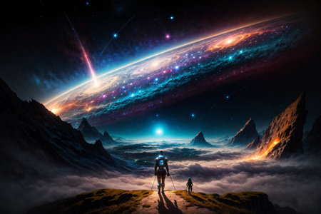 Astronaut and his son on the background of the planet.の素材