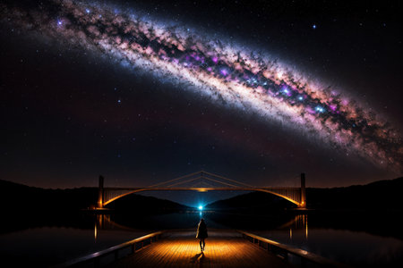 Silhouette of woman looking at milky way galaxy with star and bridge at night.の素材